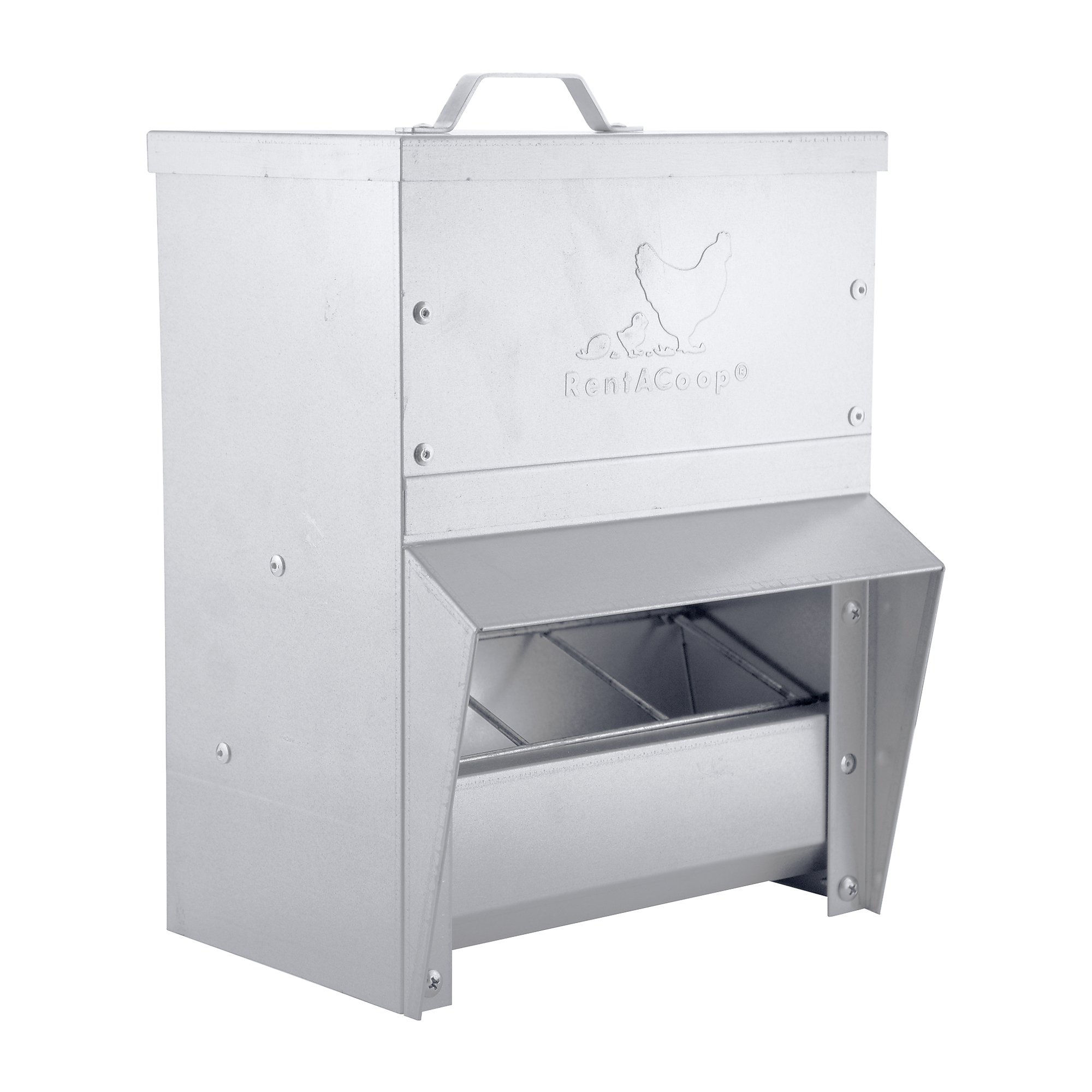 RentACoop, 10 Lb Galvanized Metal Trough Feeder, Weatherproof wih Rain Hood, Model# MT-10LB-FEDR